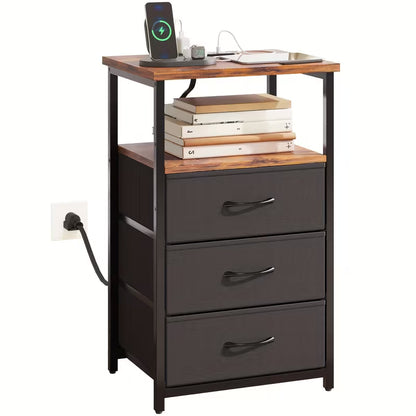 Nightstand with Charging Station, 3 Drawers & Storage Shelf