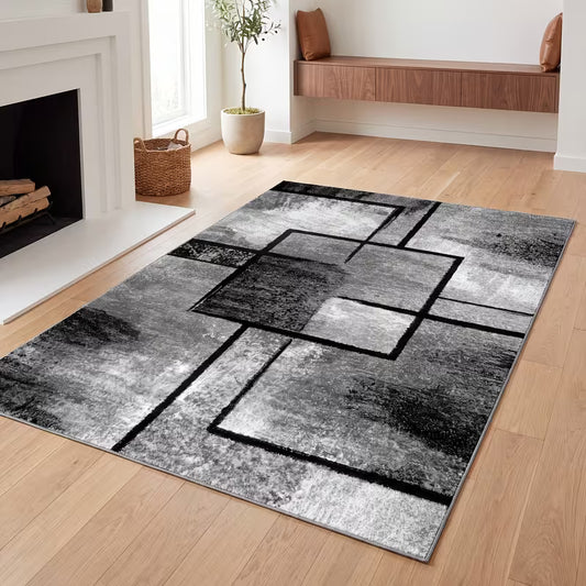 Black and White Geometric Area Rug – Ultra-Soft, Low-Pile, Non-Slip Washable Carpet