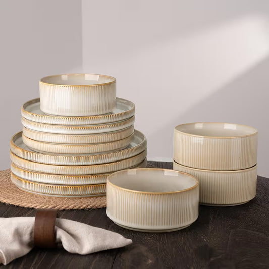 12-Piece Cappuccino White Stoneware Dinnerware Set