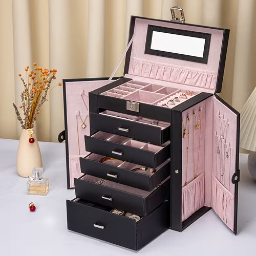 6-Tier Jewelry Box with 5 Drawers, Mirror & Lock