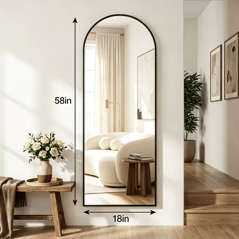58" x 19" Arched Full-Length Floor Mirror – Freestanding Standing Mirror with Durable Metal Frame