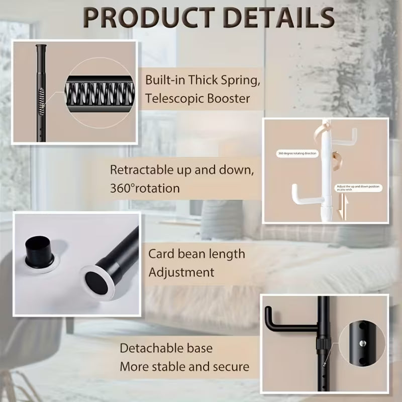 No-Drill Adjustable Height Clothes Rack with 4 Hooks