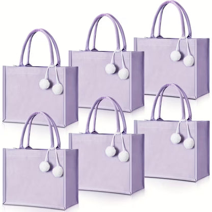 6-Piece Blank Canvas Tote Bag Set with Plush Balls and Handles, DIY Craft Bags for Halloween, Weddings, Bridesmaid Parties, Beach Trips and Everyday Use