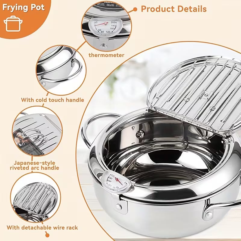 Stainless Steel Japanese Deep Fryer Pan with Thermometer – Induction Compatible Frying Pot for Home Kitchen