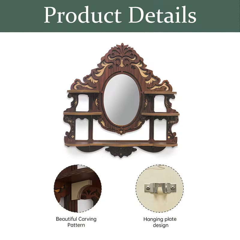 Wall-Mounted Shelf with Mirror, Multi-Functional Crystal Display Organizer, Space-Saving Wooden Wall Décor for Entryway & Bathroom