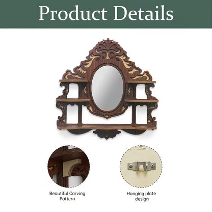 Wall-Mounted Shelf with Mirror, Multi-Functional Crystal Display Organizer, Space-Saving Wooden Wall Décor for Entryway & Bathroom