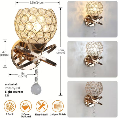 Set of 2 Elegant Gold Crystal Wall Sconces, Modern Hardwired E26 Wall Lights with Bulbs Included for Bedroom, Living Room & Hallway
