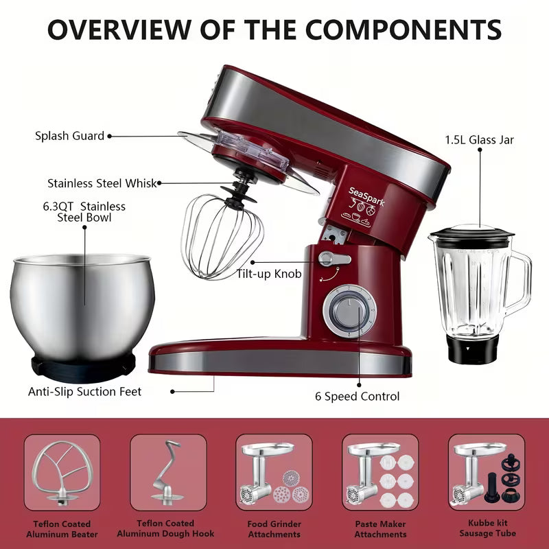 6-in-1 Electric Stand Mixer – 400W, 6-Speed, 6.3QT Stainless Steel Bowl with Meat Grinder, Juicer & Noodle Accessories
