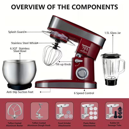 6-in-1 Electric Stand Mixer – 400W, 6-Speed, 6.3QT Stainless Steel Bowl with Meat Grinder, Juicer & Noodle Accessories