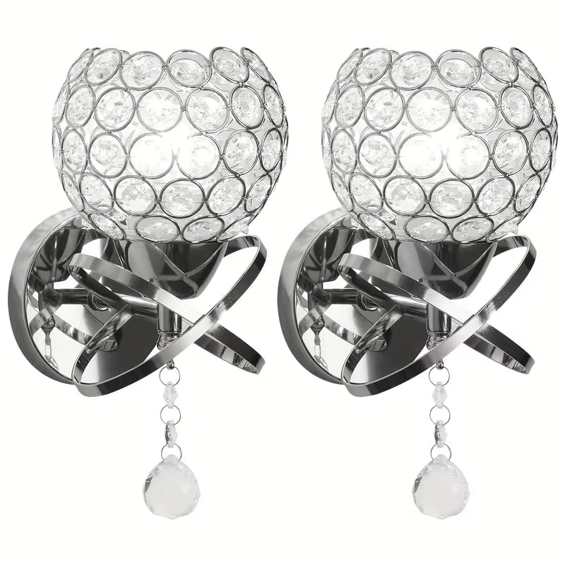 Set of 2 Elegant Gold Crystal Wall Sconces, Modern Hardwired E26 Wall Lights with Bulbs Included for Bedroom, Living Room & Hallway