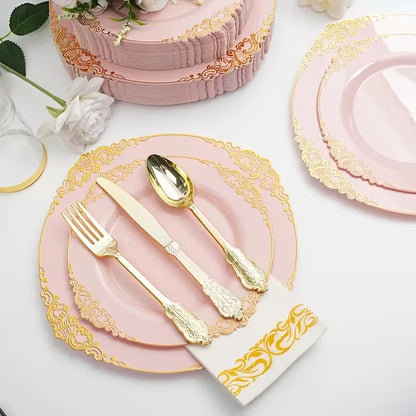 145-Piece Pink & Gold Floral Tableware Set for 20 Guests