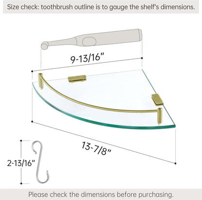 Glass Corner Shelf Bathroom Shelf Tempered Glass with Rail SUS 304 Stainless Steel Floating Wall Mount Bracket Brushed Gold, BGS2101A-BZ