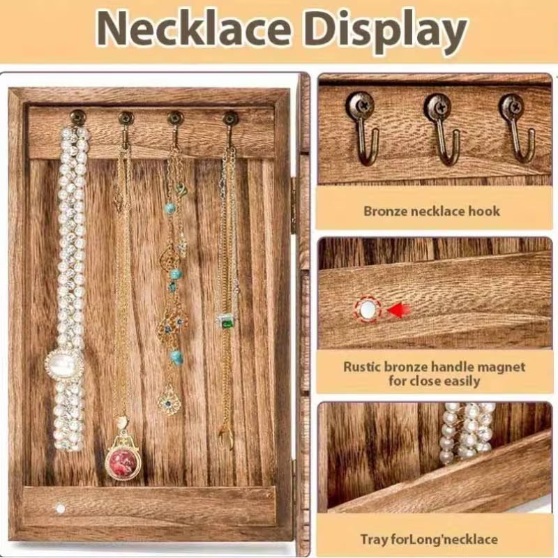 5-Layer Jewelry Storage Box with Mirror, Rustic Wooden Jewelry Organizer for Rings, Earrings & Necklaces