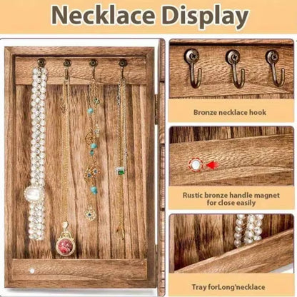 5-Layer Jewelry Storage Box with Mirror, Rustic Wooden Jewelry Organizer for Rings, Earrings & Necklaces