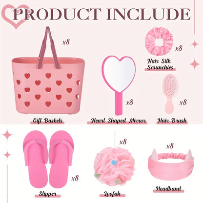 8 Sets Spa Party Supplies & Favors with Heart Mirror, Headband, Satin Hair Scrunchies, Hair Brush, Loofah and Disposable Slippers