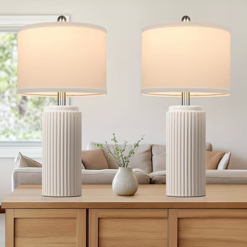 Set of 2 Ceramic Table Lamps with White Linen Shades – Vintage Rustic Bedside Lamps
