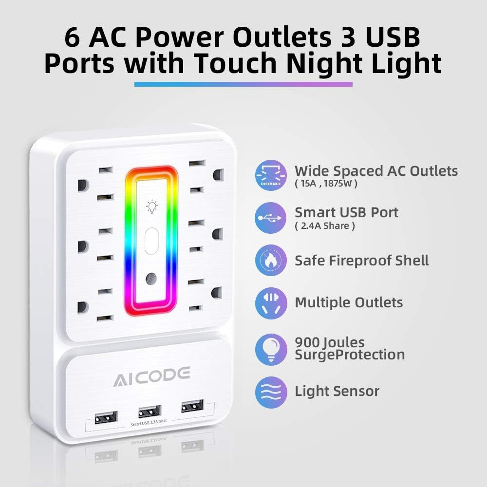 Outlet Extender with USB, Wall Outlet Splitter Night Light