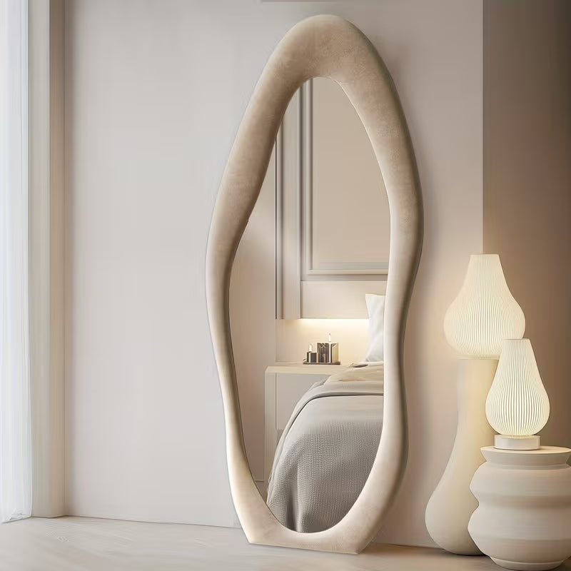 63" x 24" Irregular Full-Length Mirror – Full Body Floor & Wall-Mounted Mirror with Ivory Flannel Frame