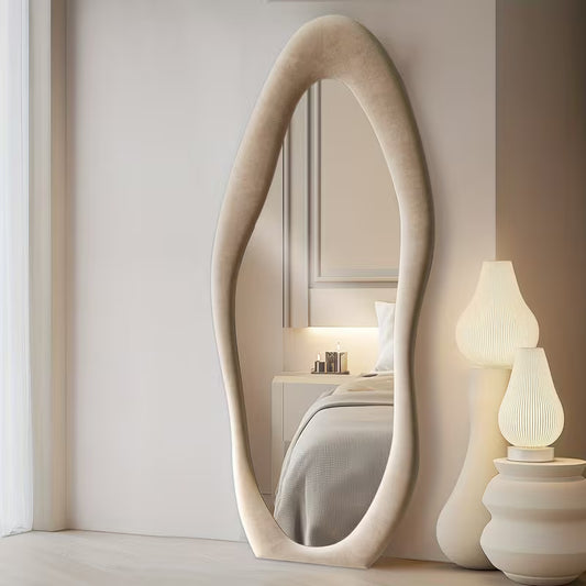 63" x 24" Irregular Full-Length Mirror – Full Body Floor & Wall-Mounted Mirror with Ivory Flannel Frame