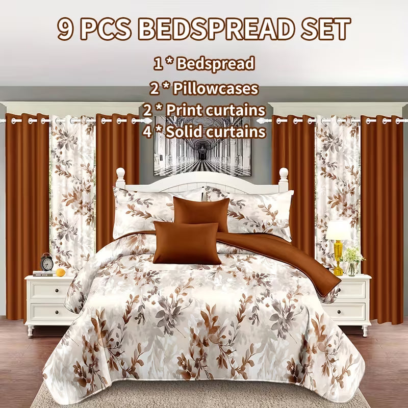 9-Piece Orange Leaf Print Bedding Set with Matching Curtains – Machine-Washable Polyester