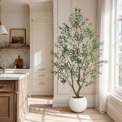 5–8 FT Artificial Olive Tree with White Round Planter – Lifelike Faux Indoor Floor Plant for Home & Office Décor