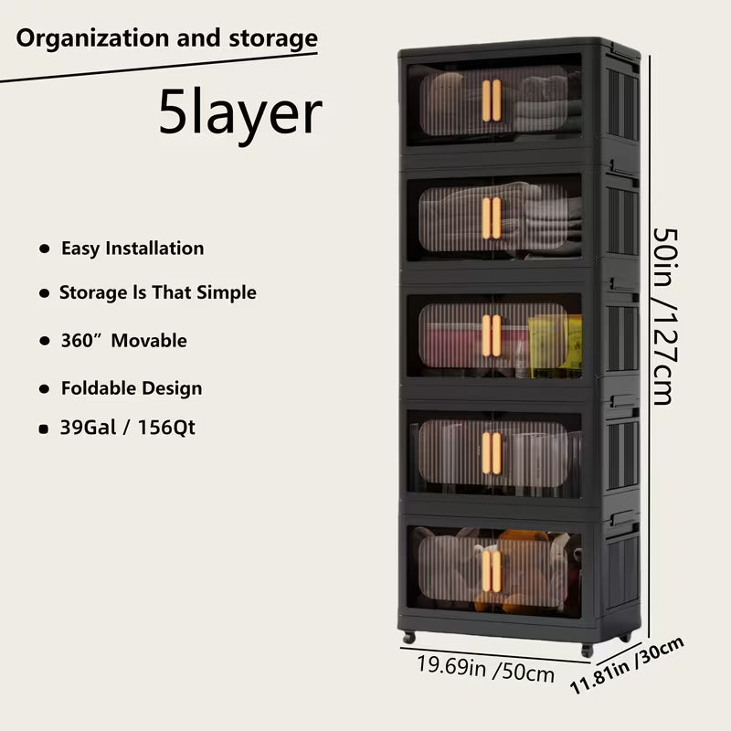 4-Tier / 5-Tier Collapsible Storage Organizer with Double Doors, Stackable Plastic Storage Cabinet on 360° Rotatable Lockable Wheels