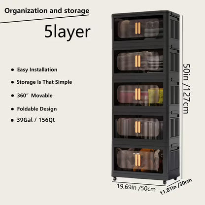 4-Tier / 5-Tier Collapsible Storage Organizer with Double Doors, Stackable Plastic Storage Cabinet on 360° Rotatable Lockable Wheels