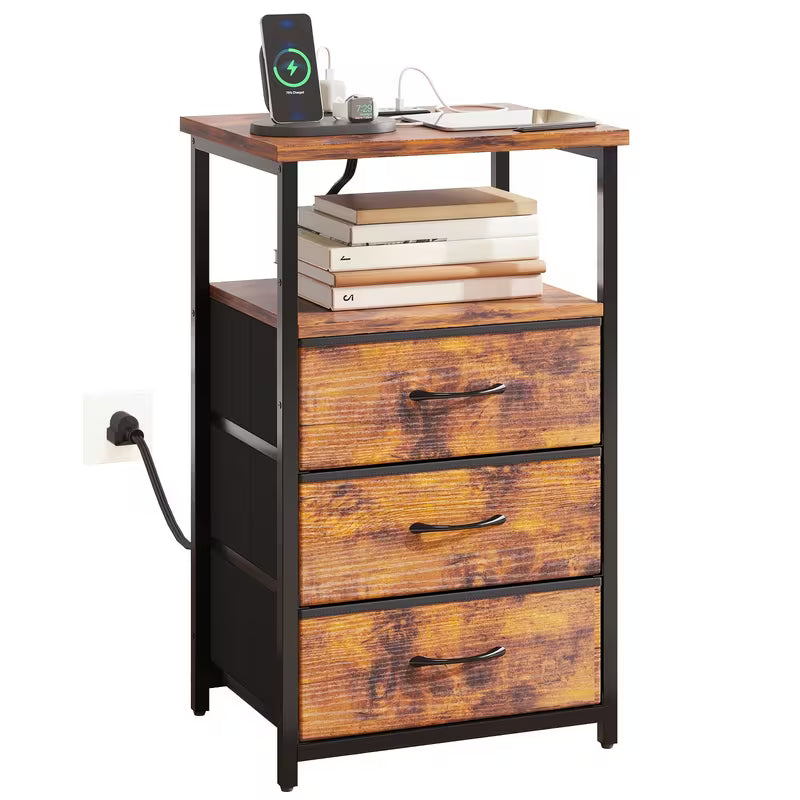 Nightstand with Charging Station, 3 Drawers & Storage Shelf