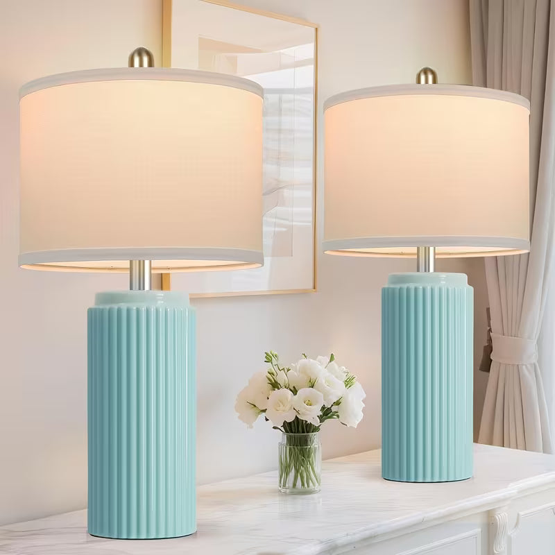 Set of 2 Ceramic Table Lamps with White Linen Shades – Vintage Rustic Bedside Lamps