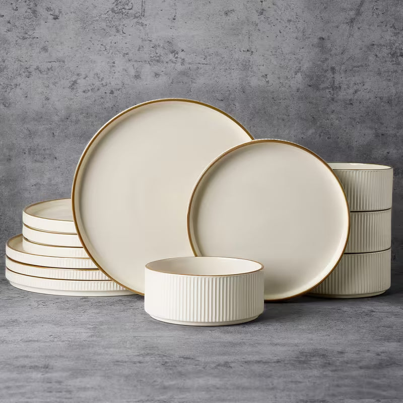 12-Piece Cappuccino White Stoneware Dinnerware Set
