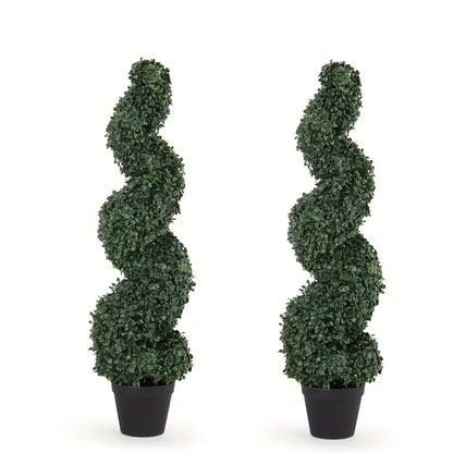 Set of 2 Artificial Boxwood Spiral Topiary Trees – Realistic Green Decorative Plants for Indoor & Outdoor Spaces