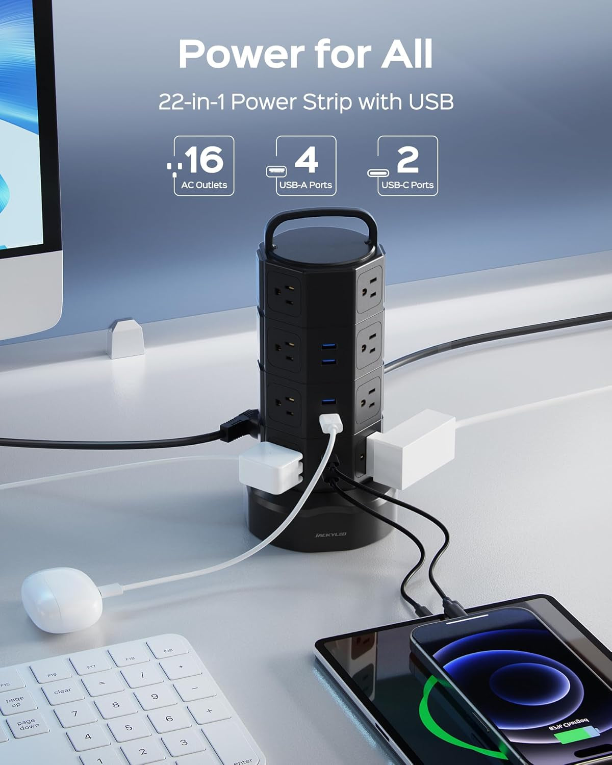Power Strip Tower Surge Protector, 16 AC 6 USB (2 USB C), 1050J