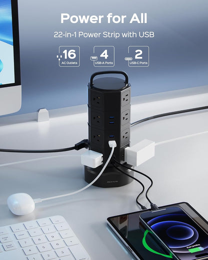 Power Strip Tower Surge Protector, 16 AC 6 USB (2 USB C), 1050J