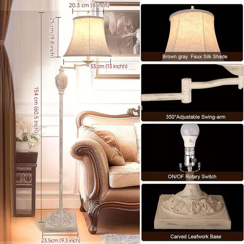 Traditional LED Floor Lamp with 350° Adjustable Swing Arm, Vintage Pole Design & Fabric Lampshade