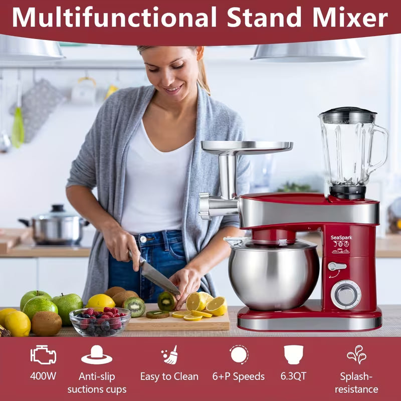 6-in-1 Electric Stand Mixer – 400W, 6-Speed, 6.3QT Stainless Steel Bowl with Meat Grinder, Juicer & Noodle Accessories