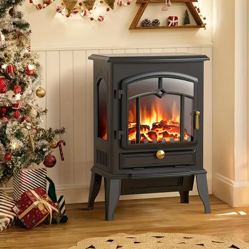 Portable Electric Fireplace Stove Heater, 5100 BTU, 1000W/1500W Adjustable Heat, Thermostat & Realistic Flame Effect