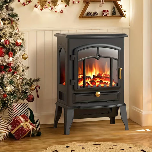 Portable Electric Fireplace Stove Heater, 5100 BTU, 1000W/1500W Adjustable Heat, Thermostat & Realistic Flame Effect