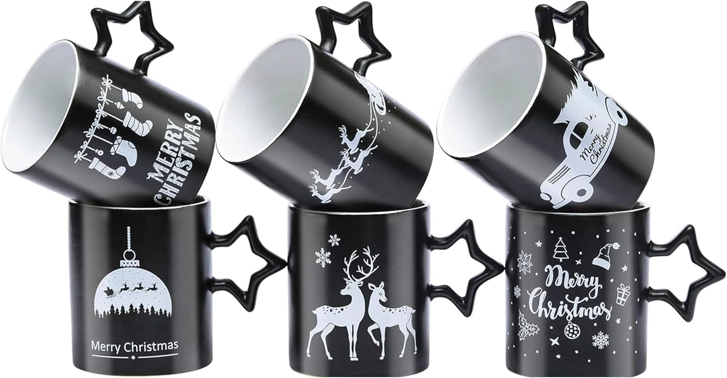 Black Coffee Mugs with Star Handle - Set of 6 Large 14 Ounce New Year Holidays Novelty Cups - Decorative DIY Mugs for Hot Chocolate Gift Sets