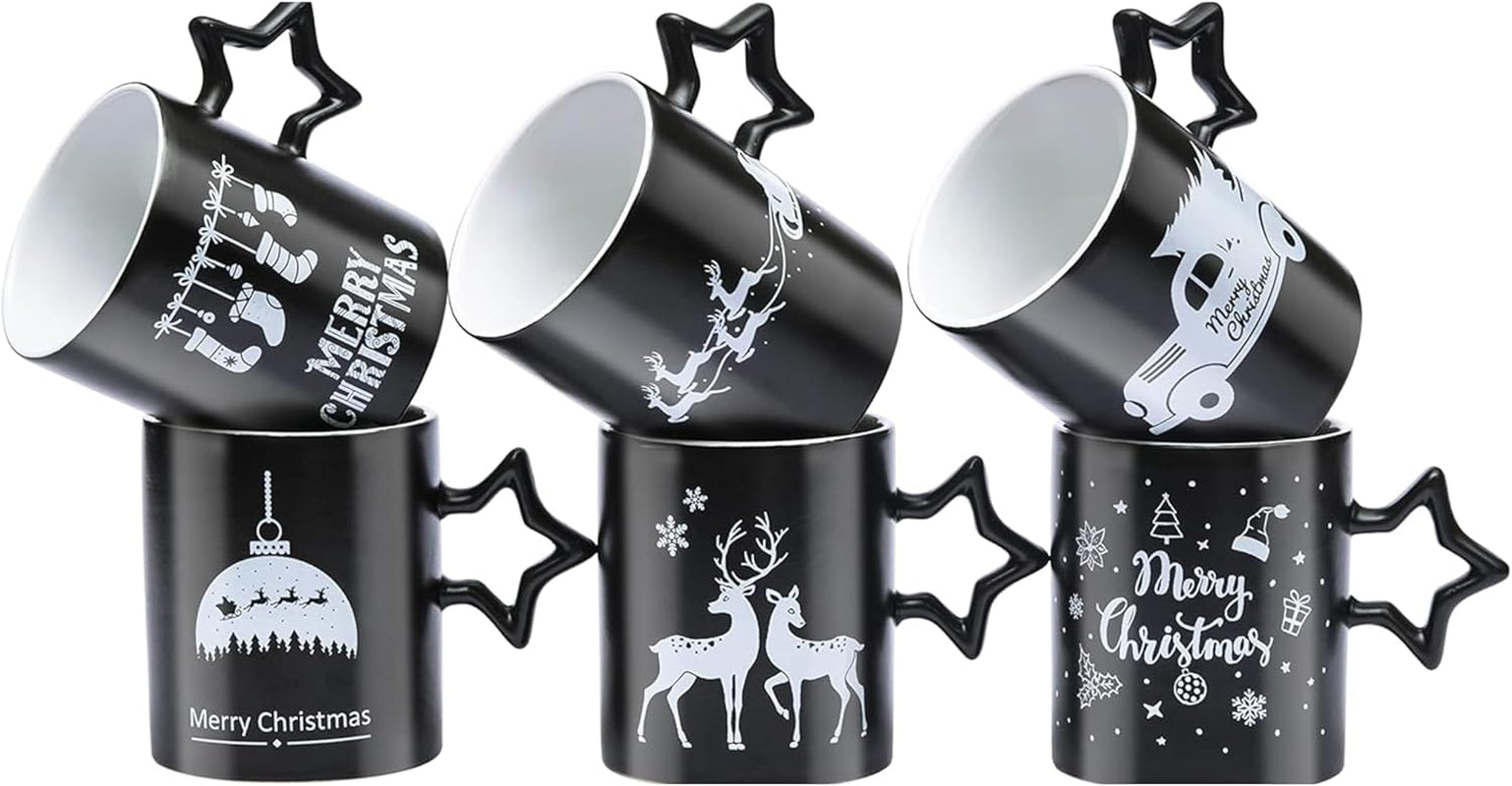 Black Coffee Mugs with Star Handle - Set of 6 Large 14 Ounce New Year Holidays Novelty Cups - Decorative DIY Mugs for Hot Chocolate Gift Sets