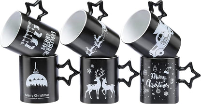 Black Coffee Mugs with Star Handle - Set of 6 Large 14 Ounce New Year Holidays Novelty Cups - Decorative DIY Mugs for Hot Chocolate Gift Sets