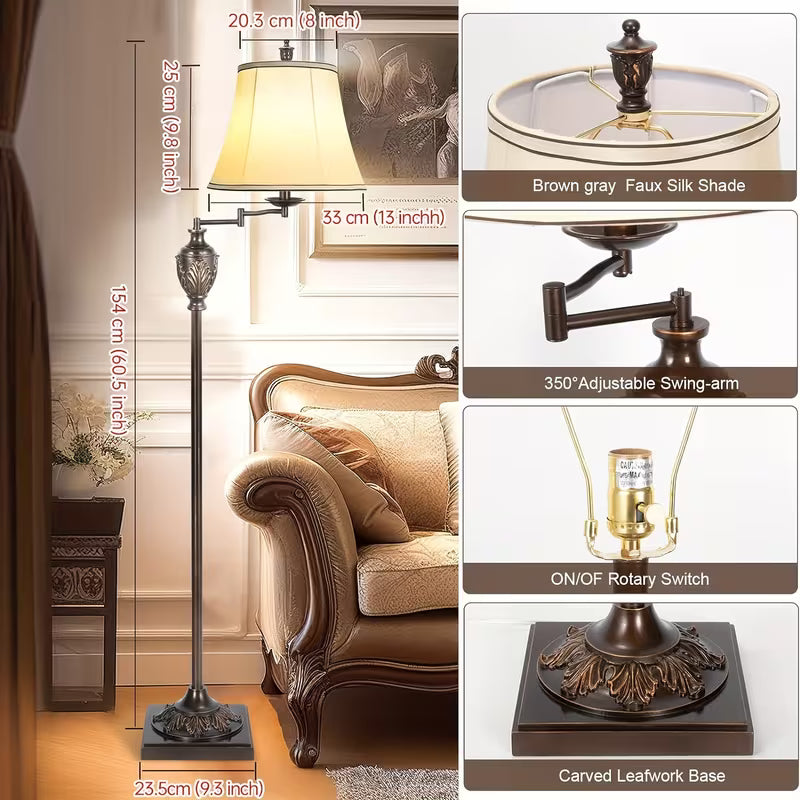 Traditional LED Floor Lamp with 350° Adjustable Swing Arm, Vintage Pole Design & Fabric Lampshade