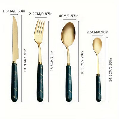 24-Piece Stainless Steel Tableware Set with Short Ceramic Handles – Elegant Dinner Knives & Dessert Spoons for Home, Restaurant & Hotel