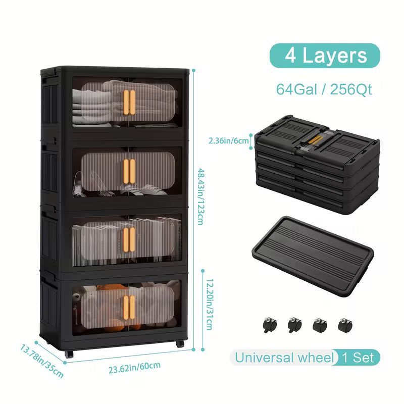 4-Tier / 5-Tier Collapsible Storage Organizer with Double Doors, Stackable Plastic Storage Cabinet on 360° Rotatable Lockable Wheels