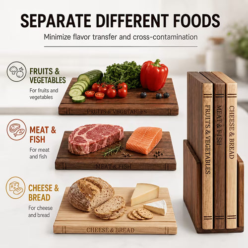 3-Piece Acacia Wood Cutting Board Set with Stand – Decorative Book-Style Chopping Boards for Kitchen