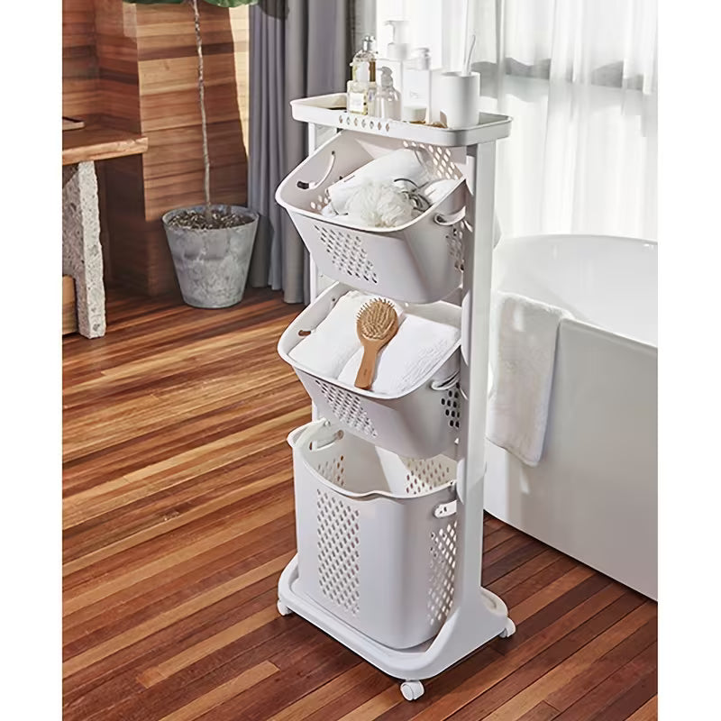 Modern Rolling Laundry Basket with Wheels – Multi-Layer Laundry Hamper & Bathroom Storage Organizer