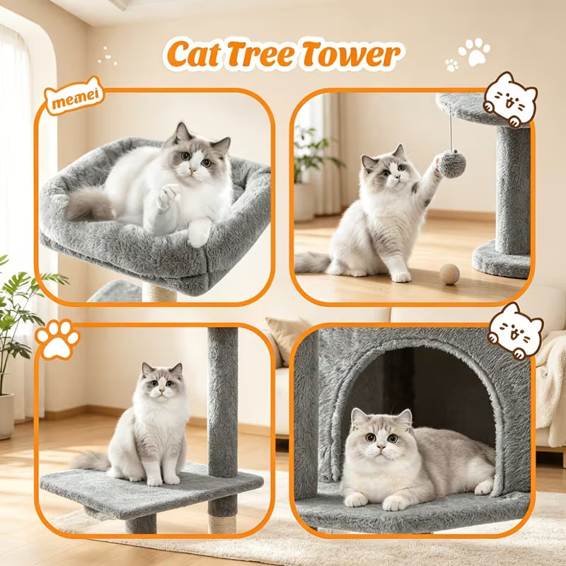 44-Inch Multi-Level Cat Tree with Natural Sisal Scratching Posts, Large Hammock & Enclosed
