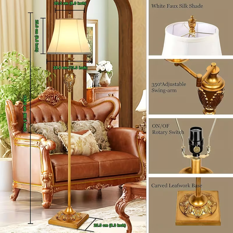 Traditional LED Floor Lamp with 350° Adjustable Swing Arm, Vintage Pole Design & Fabric Lampshade