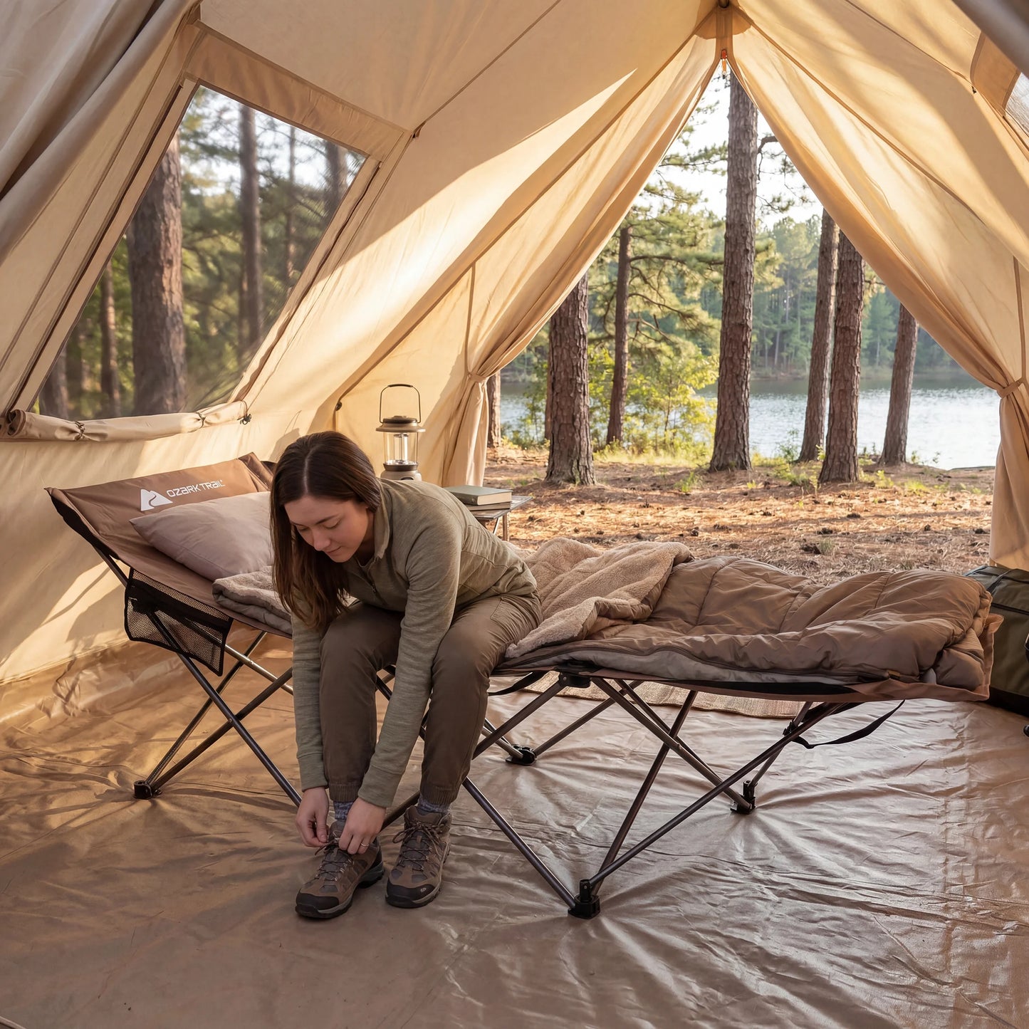 Adult Collapsible Camping Cot, Beige, 73.2 in X 23.2 In