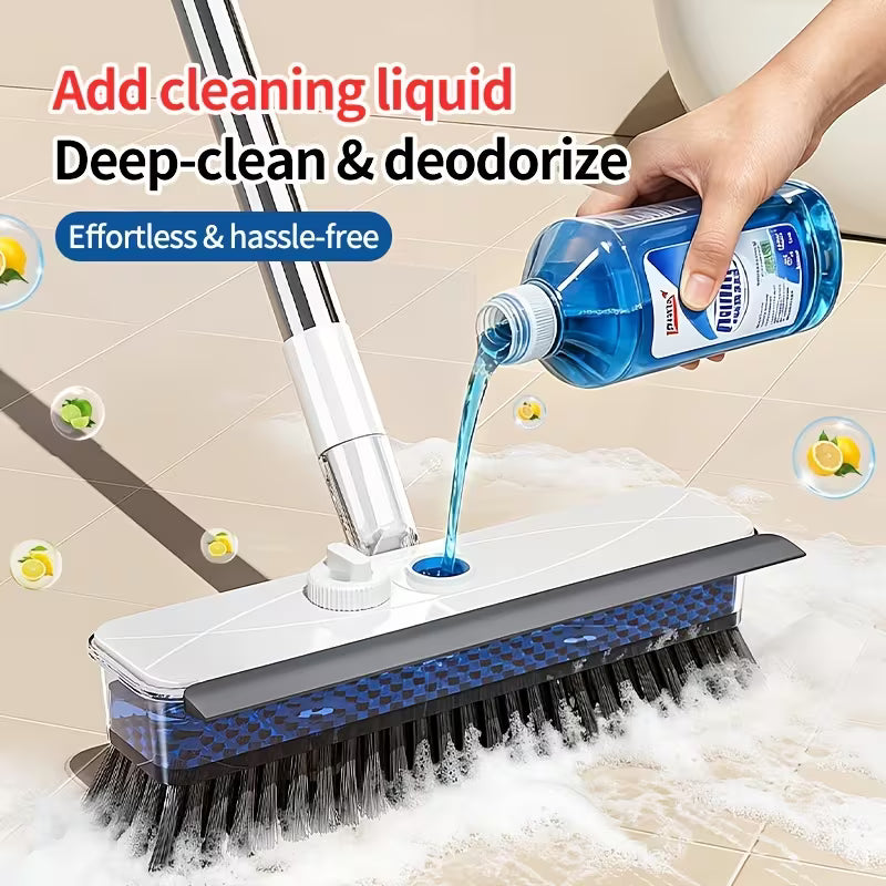 Extendable Long-Handle Floor Scrub Brush with Built-In Liquid Reservoir, Stiff Bristles & Flexible Squeegee for Bathroom, Tile & Floor Cleaning