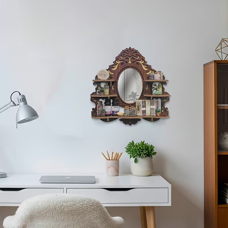 Wall-Mounted Shelf with Mirror, Multi-Functional Crystal Display Organizer, Space-Saving Wooden Wall Décor for Entryway & Bathroom
